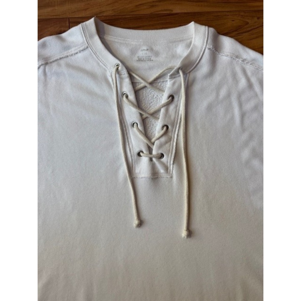 Aerie Lace Up V-Neck Sweatshirt White Boxy Raw Hem‎ Large - Picture 2 of 8